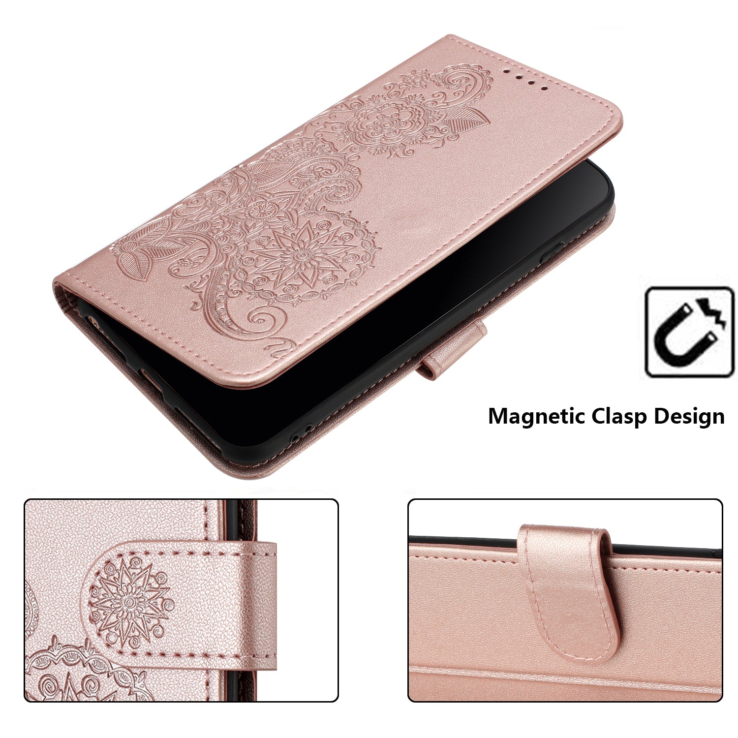 For Xiaomi 17 Pro Max Phone Cases Mandala Flower Leather Wallet Mobile Cover with Strap - Rose Gold