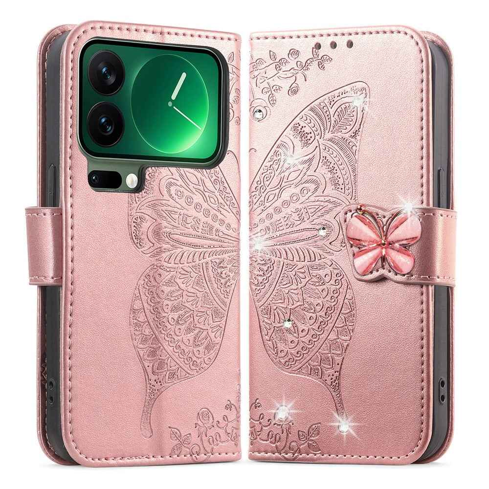 For Xiaomi 17 Pro Case 3D Rhinestone Decor Butterfly Flower Leather Phone Cover with Wrist Strap - Rose Gold