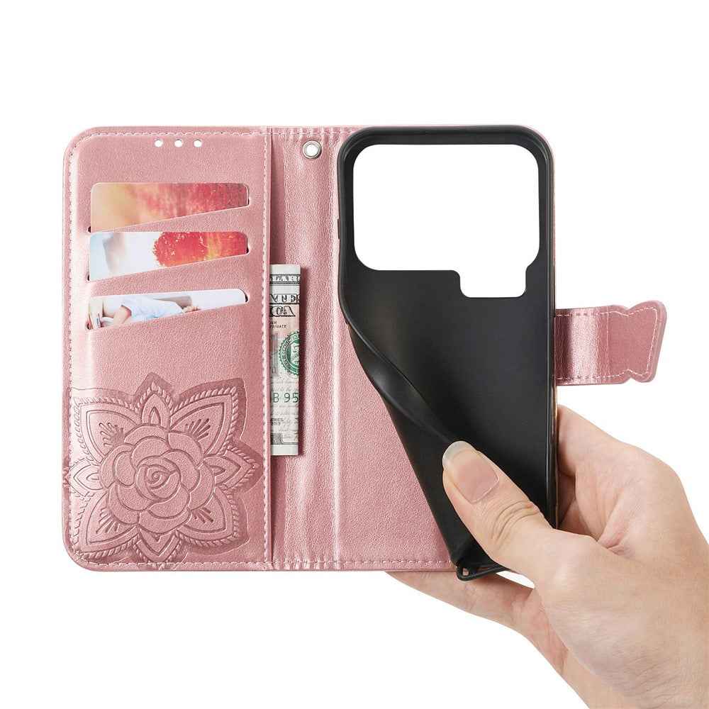 For Xiaomi 17 Pro Case 3D Rhinestone Decor Butterfly Flower Leather Phone Cover with Wrist Strap - Rose Gold