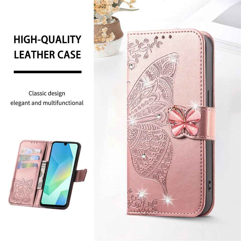 For Xiaomi 17 Pro Case 3D Rhinestone Decor Butterfly Flower Leather Phone Cover with Wrist Strap - Rose Gold