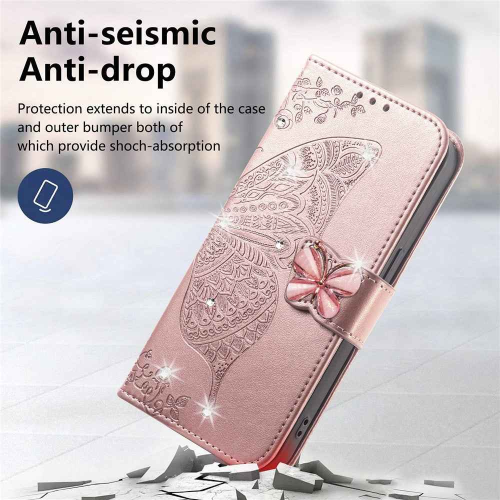 For Xiaomi 17 Pro Case 3D Rhinestone Decor Butterfly Flower Leather Phone Cover with Wrist Strap - Rose Gold