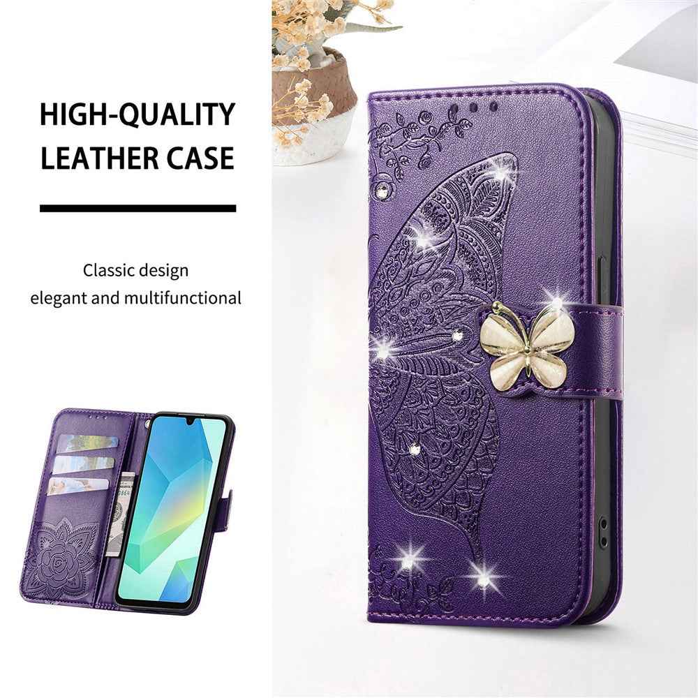 For Xiaomi 17 Pro Case 3D Rhinestone Decor Butterfly Flower Leather Phone Cover with Wrist Strap - Dark Purple