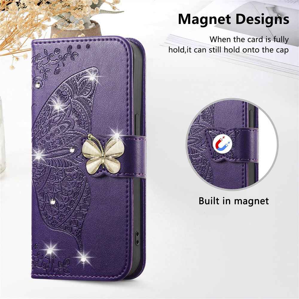 For Xiaomi 17 Pro Case 3D Rhinestone Decor Butterfly Flower Leather Phone Cover with Wrist Strap - Dark Purple