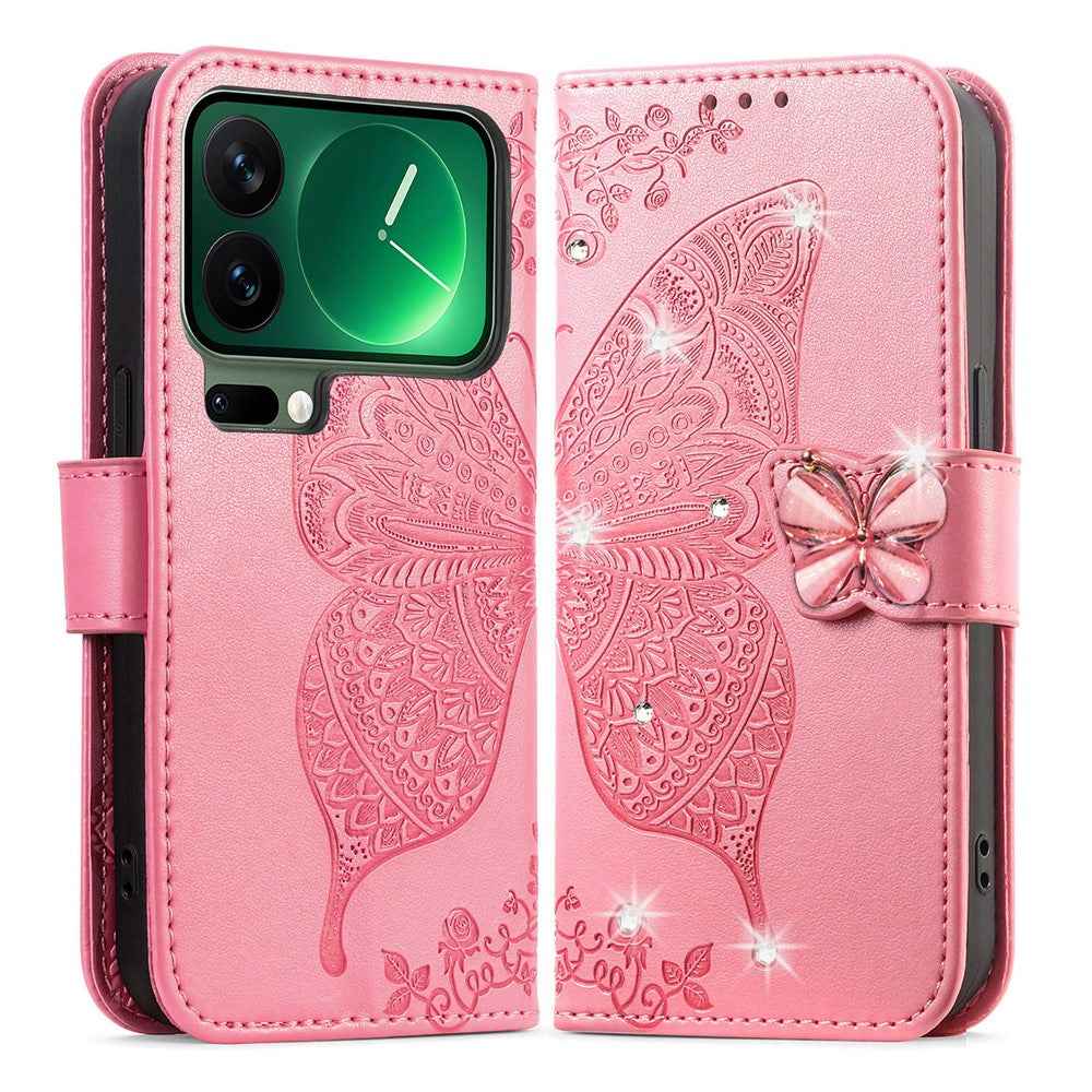 For Xiaomi 17 Pro Case 3D Rhinestone Decor Butterfly Flower Leather Phone Cover with Wrist Strap - Pink