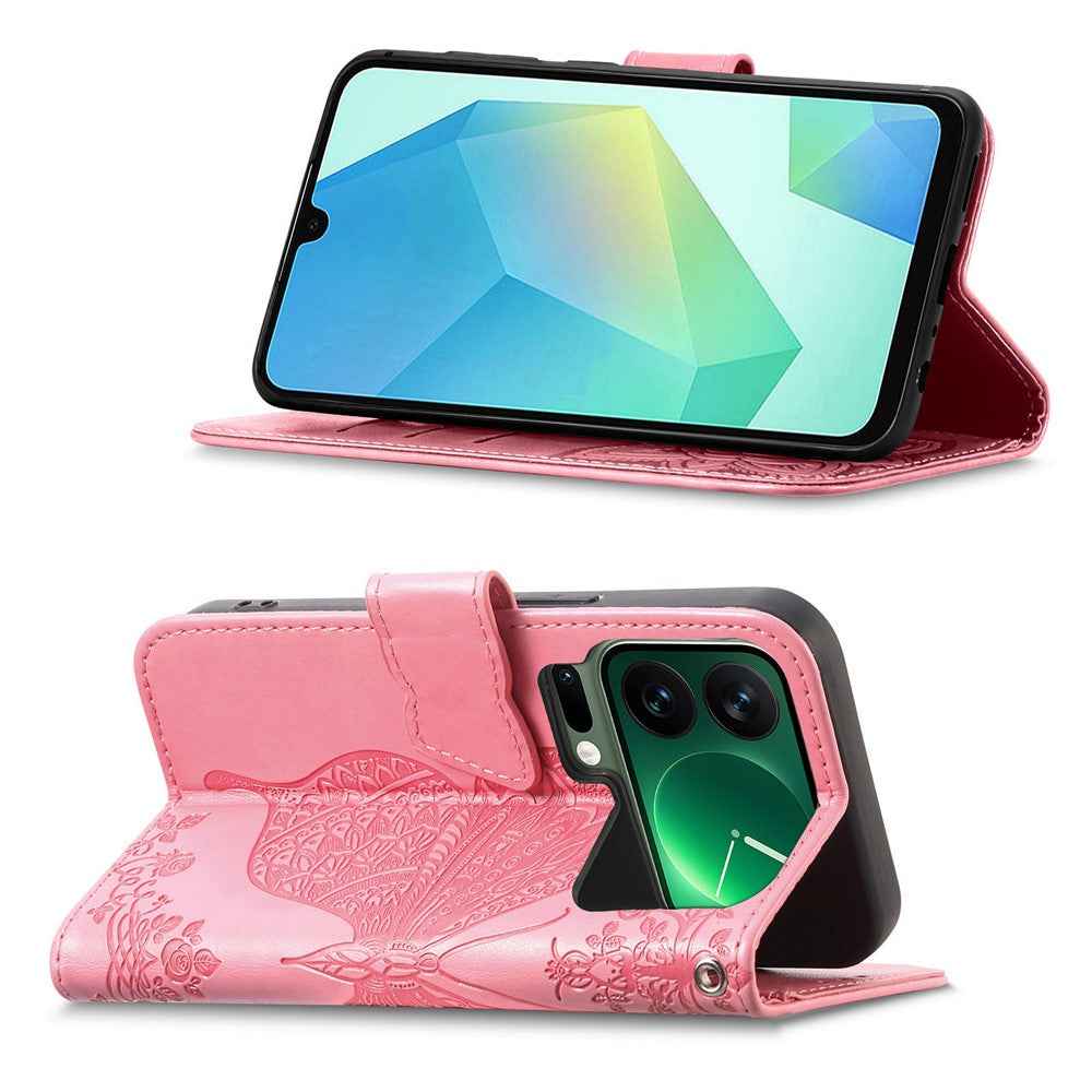 For Xiaomi 17 Pro Case 3D Rhinestone Decor Butterfly Flower Leather Phone Cover with Wrist Strap - Pink