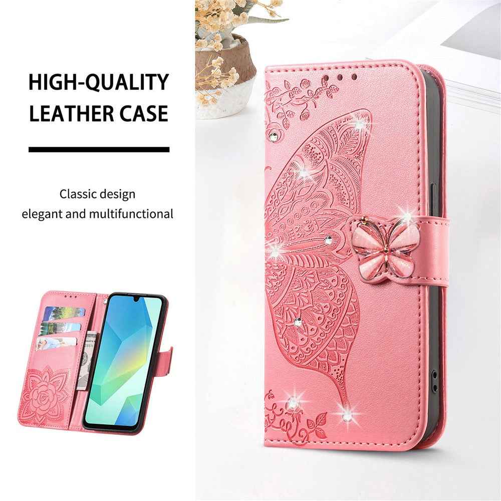 For Xiaomi 17 Pro Case 3D Rhinestone Decor Butterfly Flower Leather Phone Cover with Wrist Strap - Pink