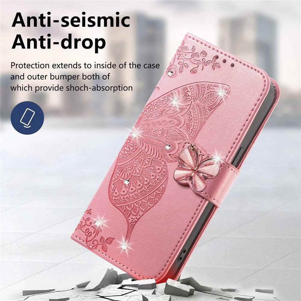 For Xiaomi 17 Pro Case 3D Rhinestone Decor Butterfly Flower Leather Phone Cover with Wrist Strap - Pink