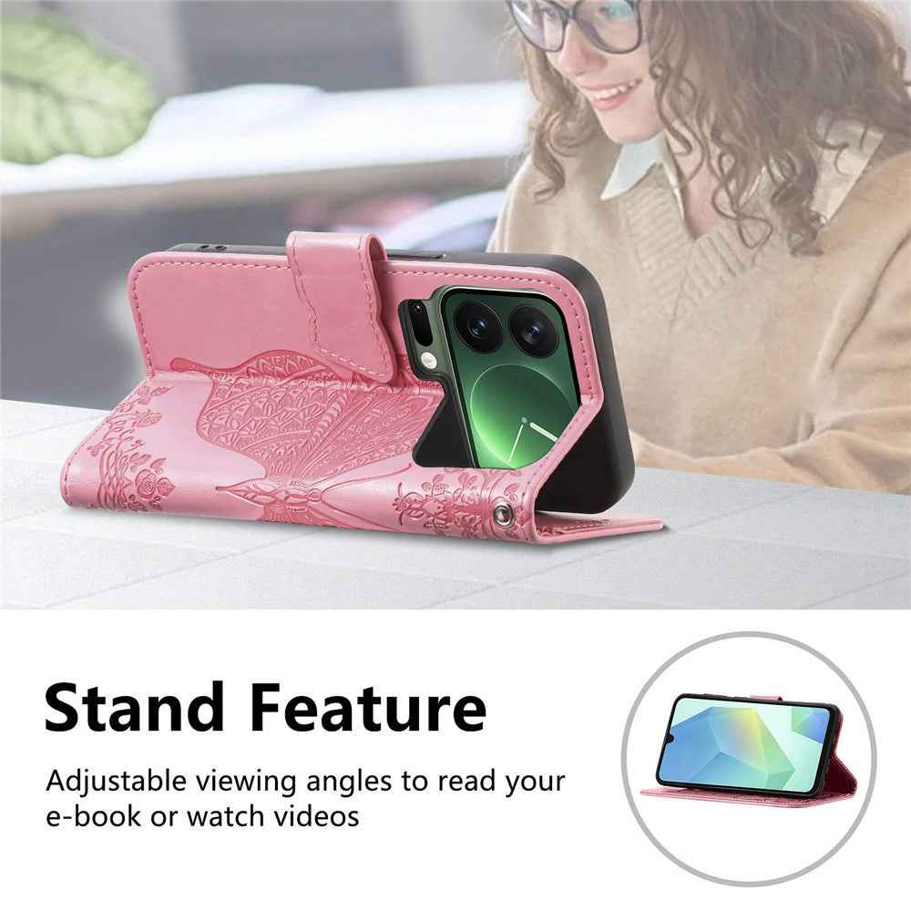 For Xiaomi 17 Pro Case 3D Rhinestone Decor Butterfly Flower Leather Phone Cover with Wrist Strap - Pink