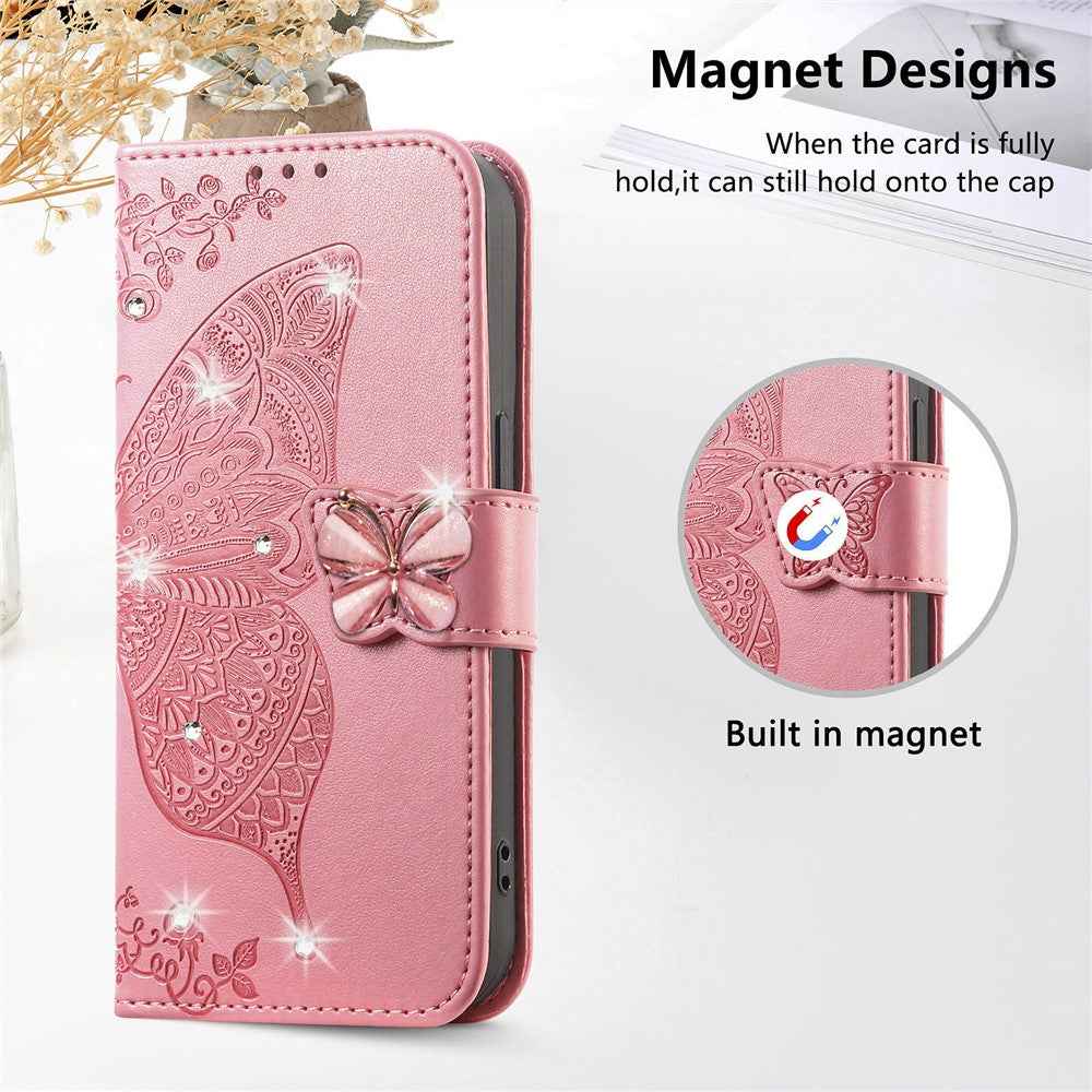 For Xiaomi 17 Pro Case 3D Rhinestone Decor Butterfly Flower Leather Phone Cover with Wrist Strap - Pink