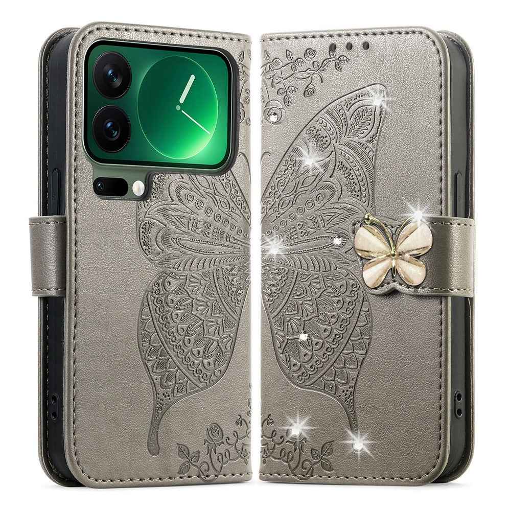 For Xiaomi 17 Pro Case 3D Rhinestone Decor Butterfly Flower Leather Phone Cover with Wrist Strap - Grey