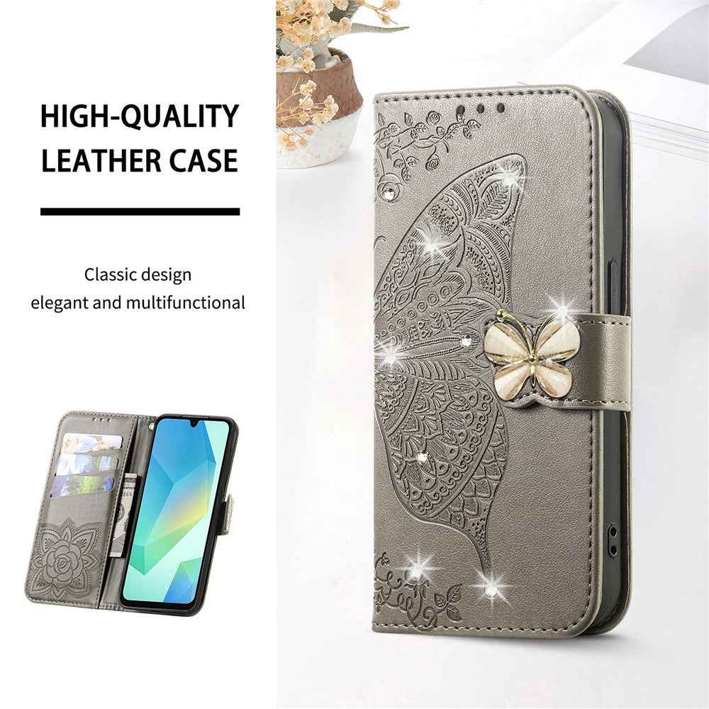 For Xiaomi 17 Pro Case 3D Rhinestone Decor Butterfly Flower Leather Phone Cover with Wrist Strap - Grey