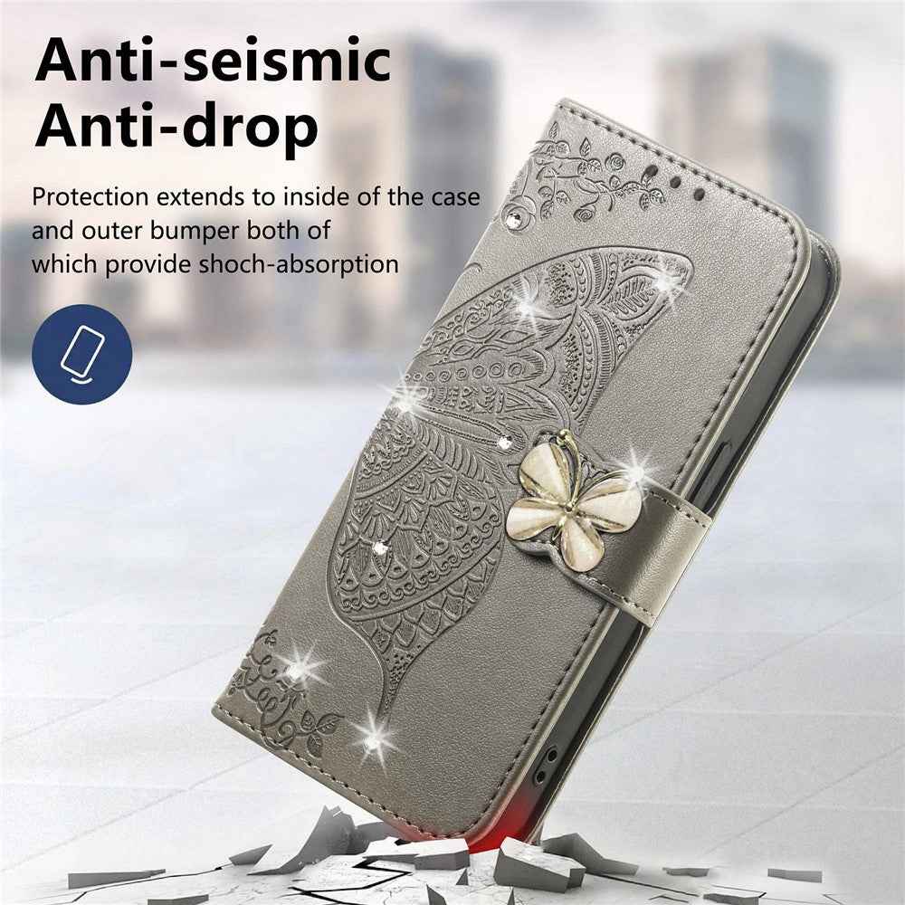 For Xiaomi 17 Pro Case 3D Rhinestone Decor Butterfly Flower Leather Phone Cover with Wrist Strap - Grey