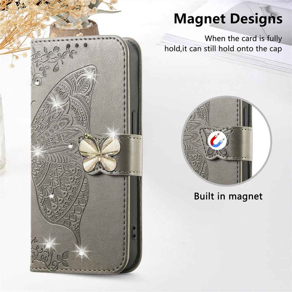 For Xiaomi 17 Pro Case 3D Rhinestone Decor Butterfly Flower Leather Phone Cover with Wrist Strap - Grey