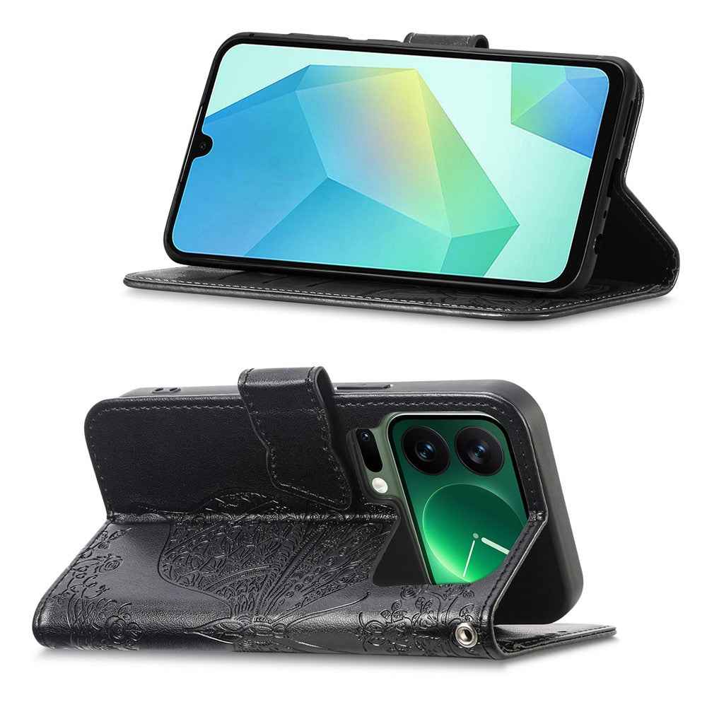 For Xiaomi 17 Pro Case 3D Rhinestone Decor Butterfly Flower Leather Phone Cover with Wrist Strap - Black