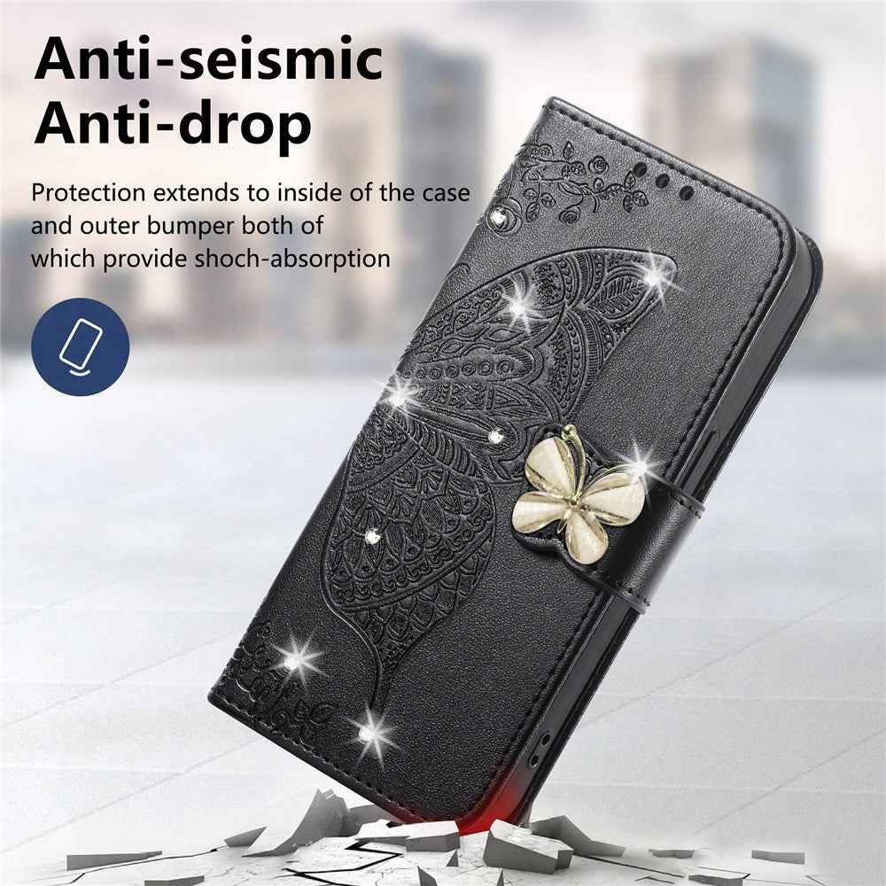 For Xiaomi 17 Pro Case 3D Rhinestone Decor Butterfly Flower Leather Phone Cover with Wrist Strap - Black