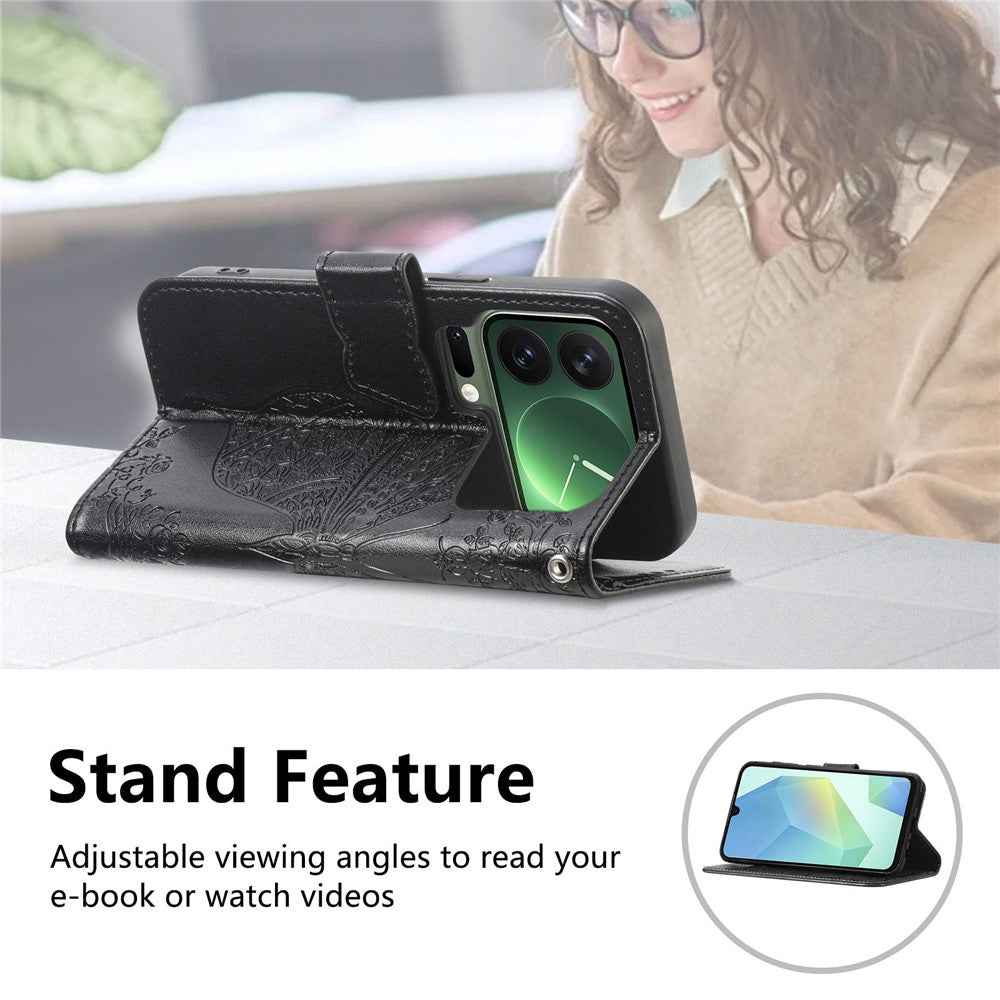 For Xiaomi 17 Pro Case 3D Rhinestone Decor Butterfly Flower Leather Phone Cover with Wrist Strap - Black