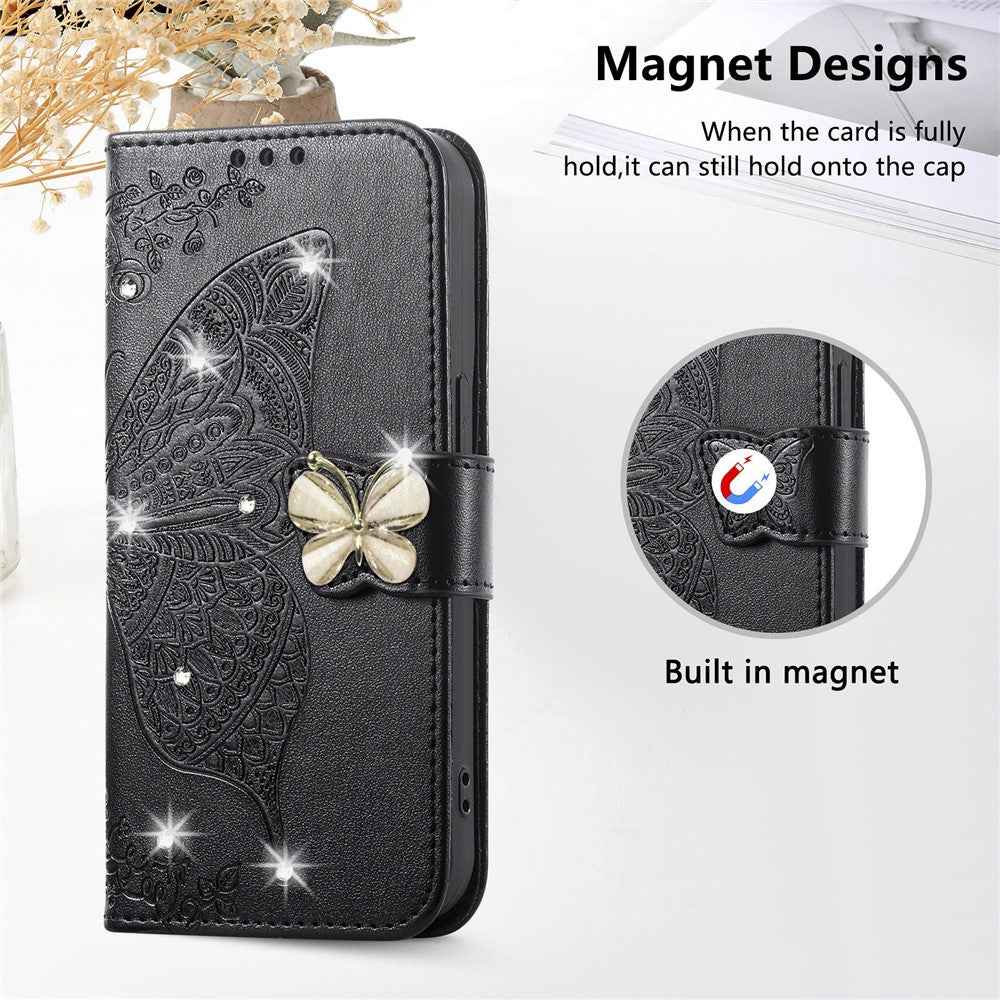 For Xiaomi 17 Pro Case 3D Rhinestone Decor Butterfly Flower Leather Phone Cover with Wrist Strap - Black
