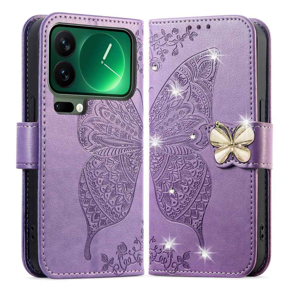 For Xiaomi 17 Pro Case 3D Rhinestone Decor Butterfly Flower Leather Phone Cover with Wrist Strap - Light Purple