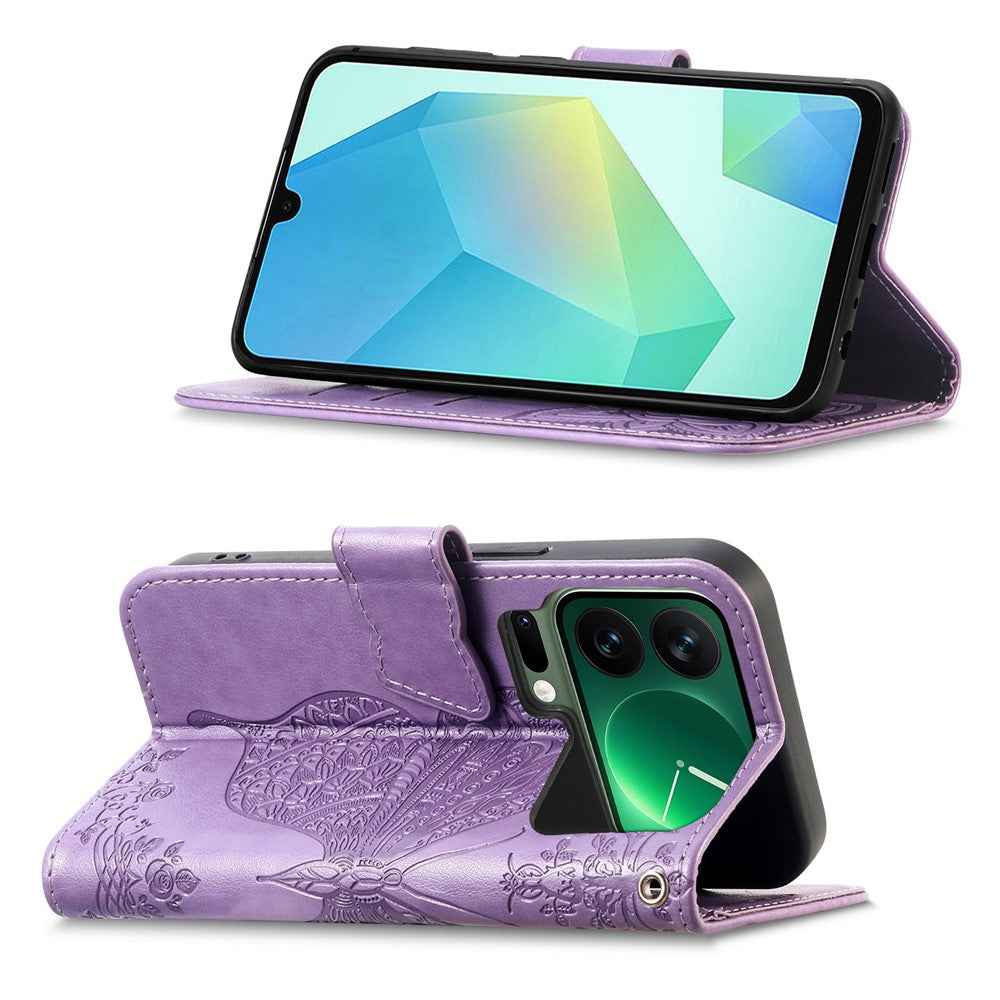 For Xiaomi 17 Pro Case 3D Rhinestone Decor Butterfly Flower Leather Phone Cover with Wrist Strap - Light Purple