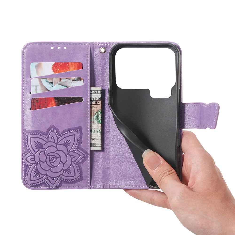 For Xiaomi 17 Pro Case 3D Rhinestone Decor Butterfly Flower Leather Phone Cover with Wrist Strap - Light Purple