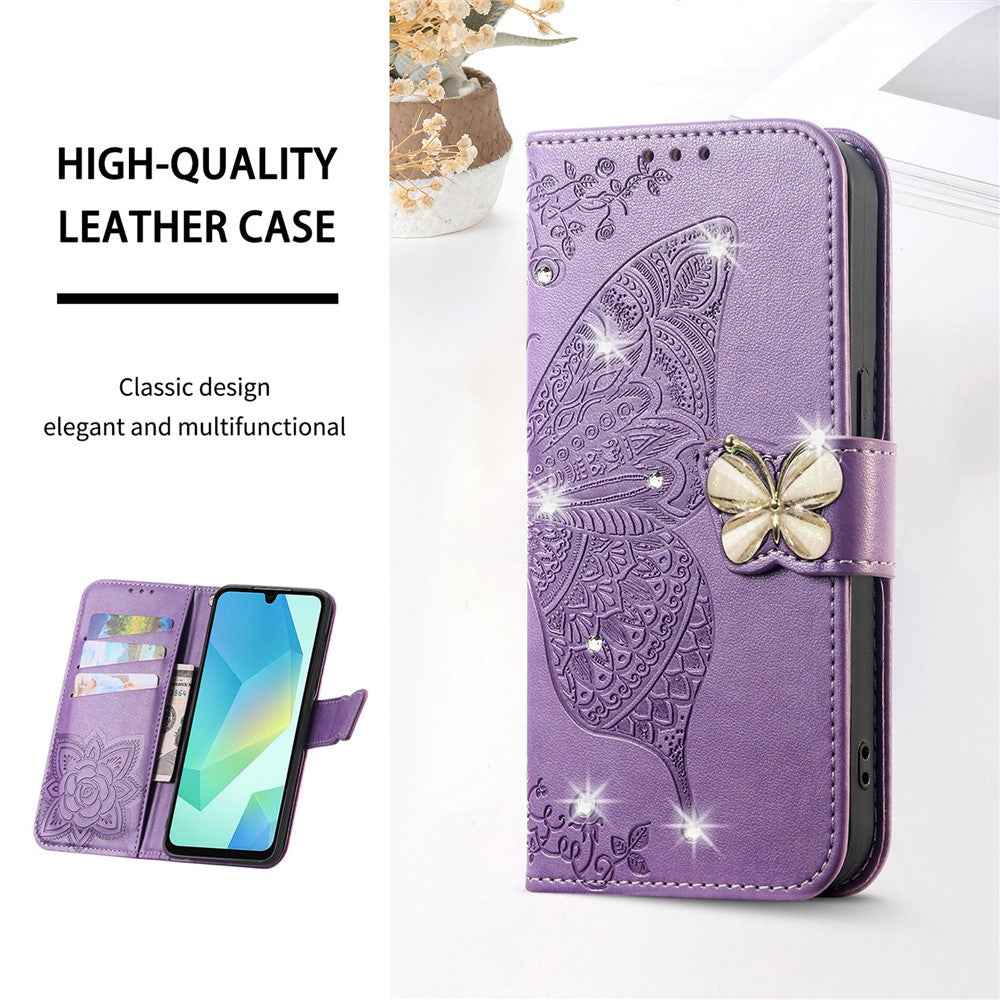 For Xiaomi 17 Pro Case 3D Rhinestone Decor Butterfly Flower Leather Phone Cover with Wrist Strap - Light Purple