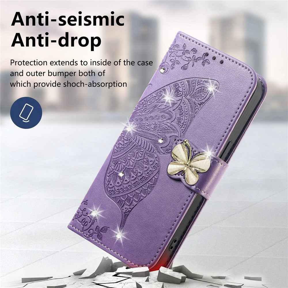 For Xiaomi 17 Pro Case 3D Rhinestone Decor Butterfly Flower Leather Phone Cover with Wrist Strap - Light Purple