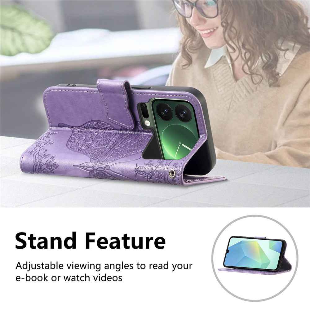 For Xiaomi 17 Pro Case 3D Rhinestone Decor Butterfly Flower Leather Phone Cover with Wrist Strap - Light Purple