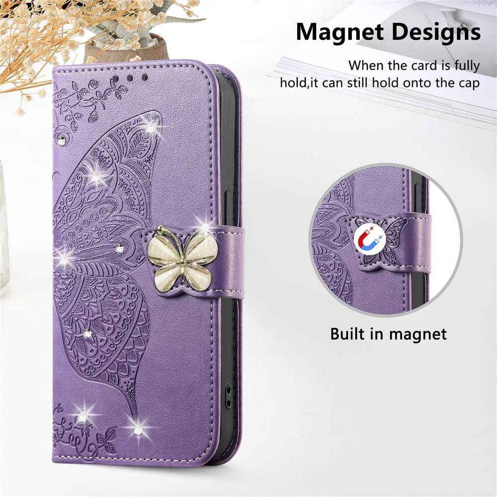 For Xiaomi 17 Pro Case 3D Rhinestone Decor Butterfly Flower Leather Phone Cover with Wrist Strap - Light Purple