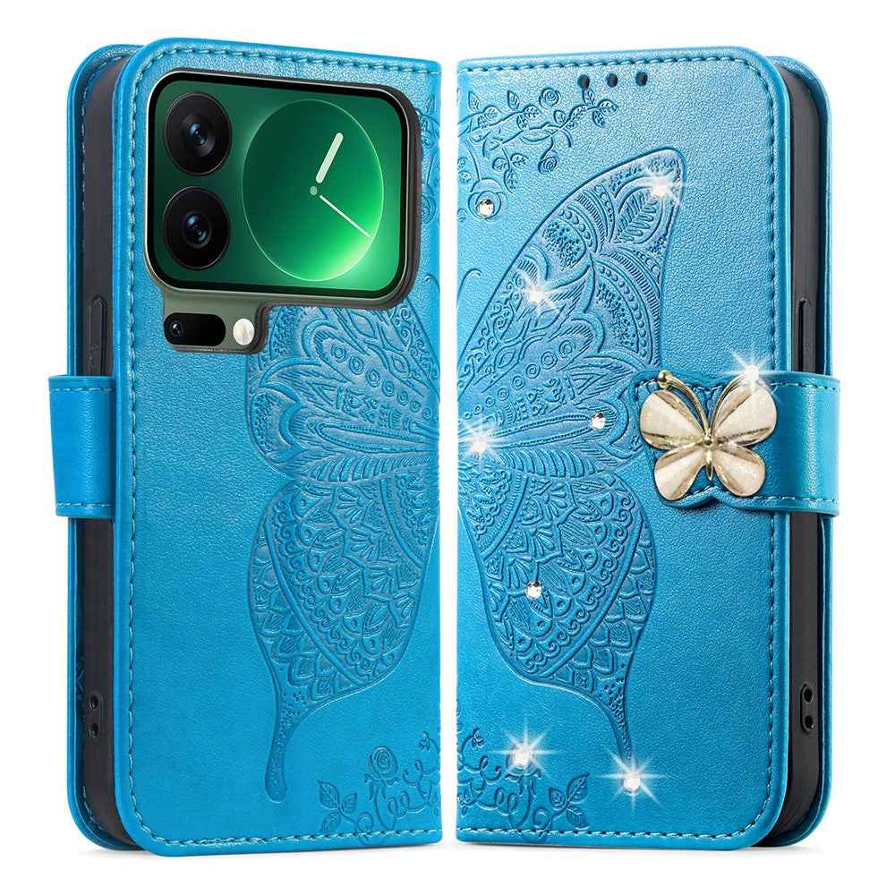 For Xiaomi 17 Pro Case 3D Rhinestone Decor Butterfly Flower Leather Phone Cover with Wrist Strap - Blue