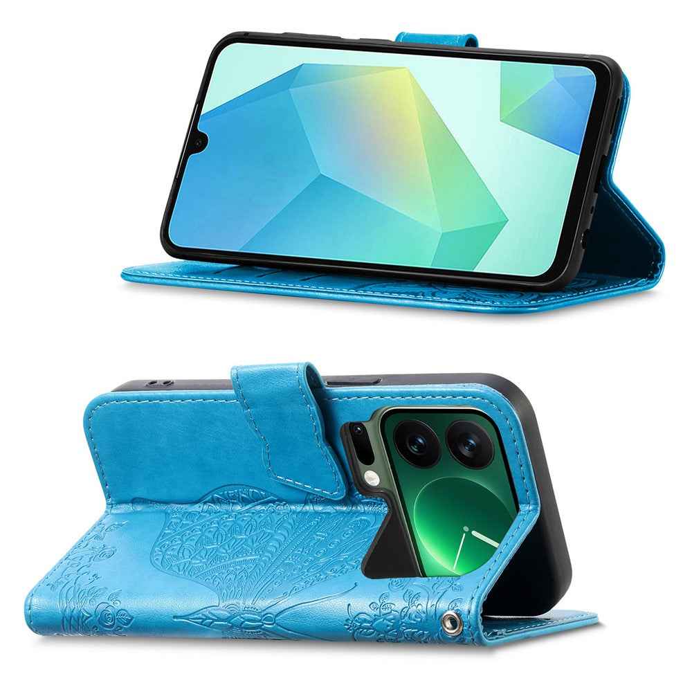 For Xiaomi 17 Pro Case 3D Rhinestone Decor Butterfly Flower Leather Phone Cover with Wrist Strap - Blue