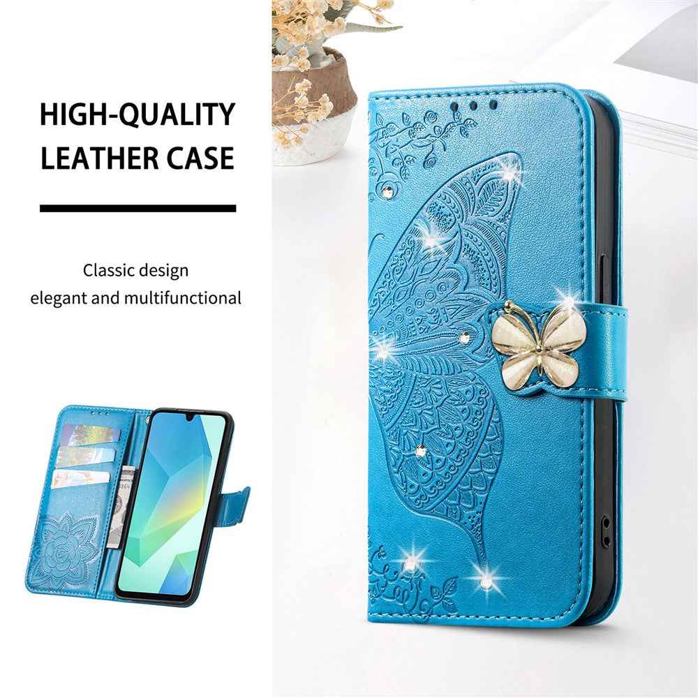 For Xiaomi 17 Pro Case 3D Rhinestone Decor Butterfly Flower Leather Phone Cover with Wrist Strap - Blue
