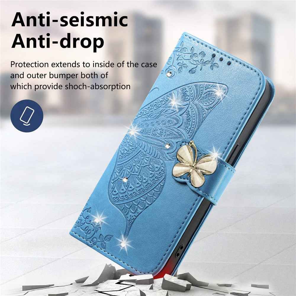 For Xiaomi 17 Pro Case 3D Rhinestone Decor Butterfly Flower Leather Phone Cover with Wrist Strap - Blue