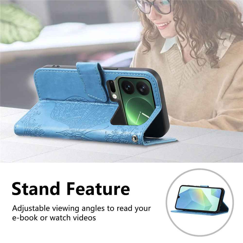 For Xiaomi 17 Pro Case 3D Rhinestone Decor Butterfly Flower Leather Phone Cover with Wrist Strap - Blue