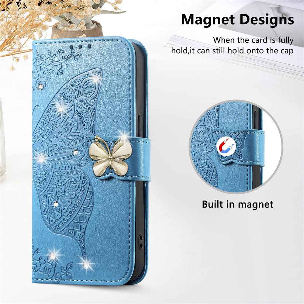 For Xiaomi 17 Pro Case 3D Rhinestone Decor Butterfly Flower Leather Phone Cover with Wrist Strap - Blue