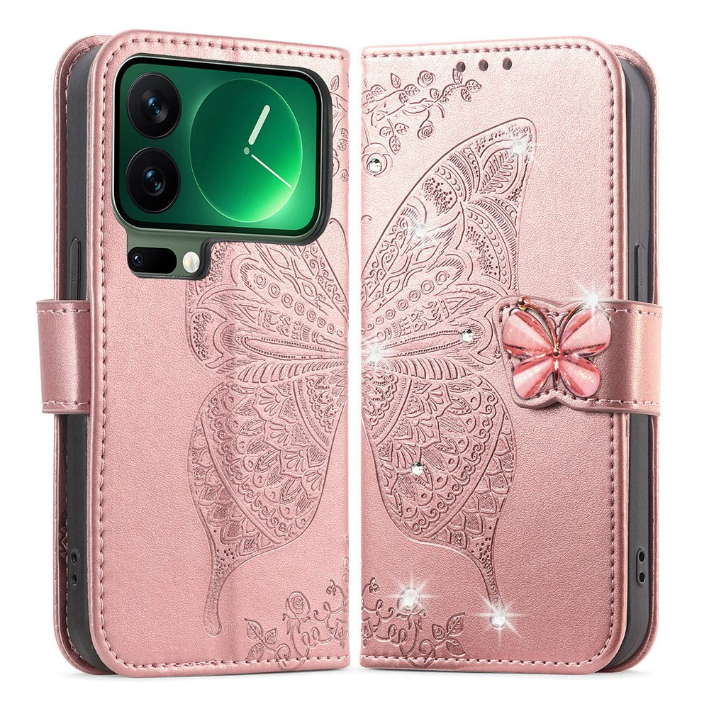 For Xiaomi 17 Pro Max Case 3D Rhinestone Decor Butterfly Flower Leather Phone Cover with Wrist Strap - Rose Gold