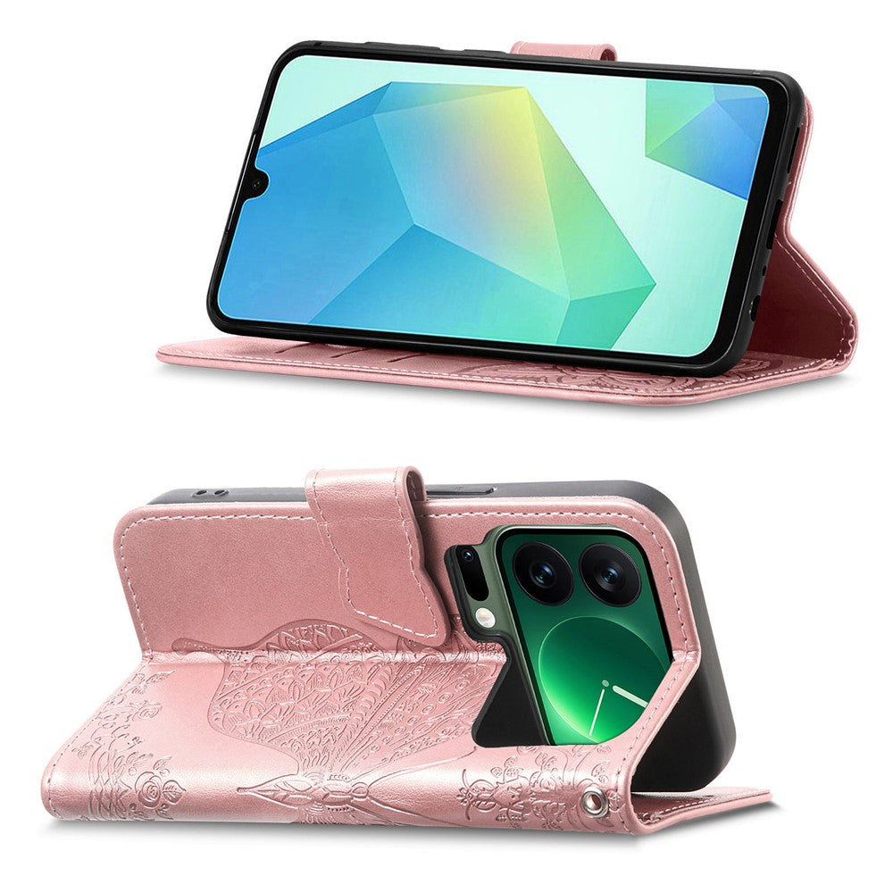 For Xiaomi 17 Pro Max Case 3D Rhinestone Decor Butterfly Flower Leather Phone Cover with Wrist Strap - Rose Gold