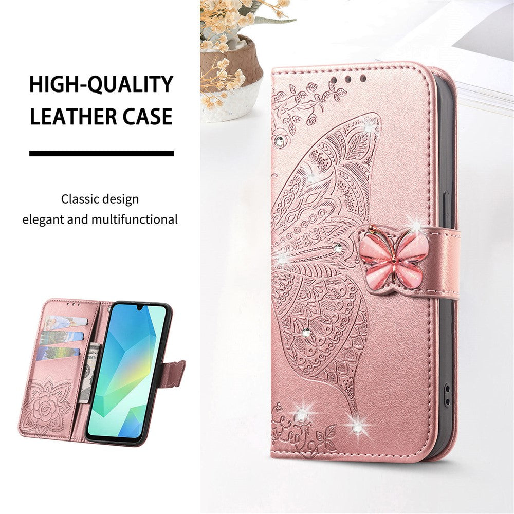 For Xiaomi 17 Pro Max Case 3D Rhinestone Decor Butterfly Flower Leather Phone Cover with Wrist Strap - Rose Gold