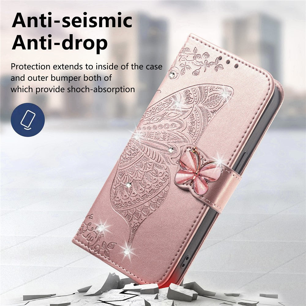 For Xiaomi 17 Pro Max Case 3D Rhinestone Decor Butterfly Flower Leather Phone Cover with Wrist Strap - Rose Gold
