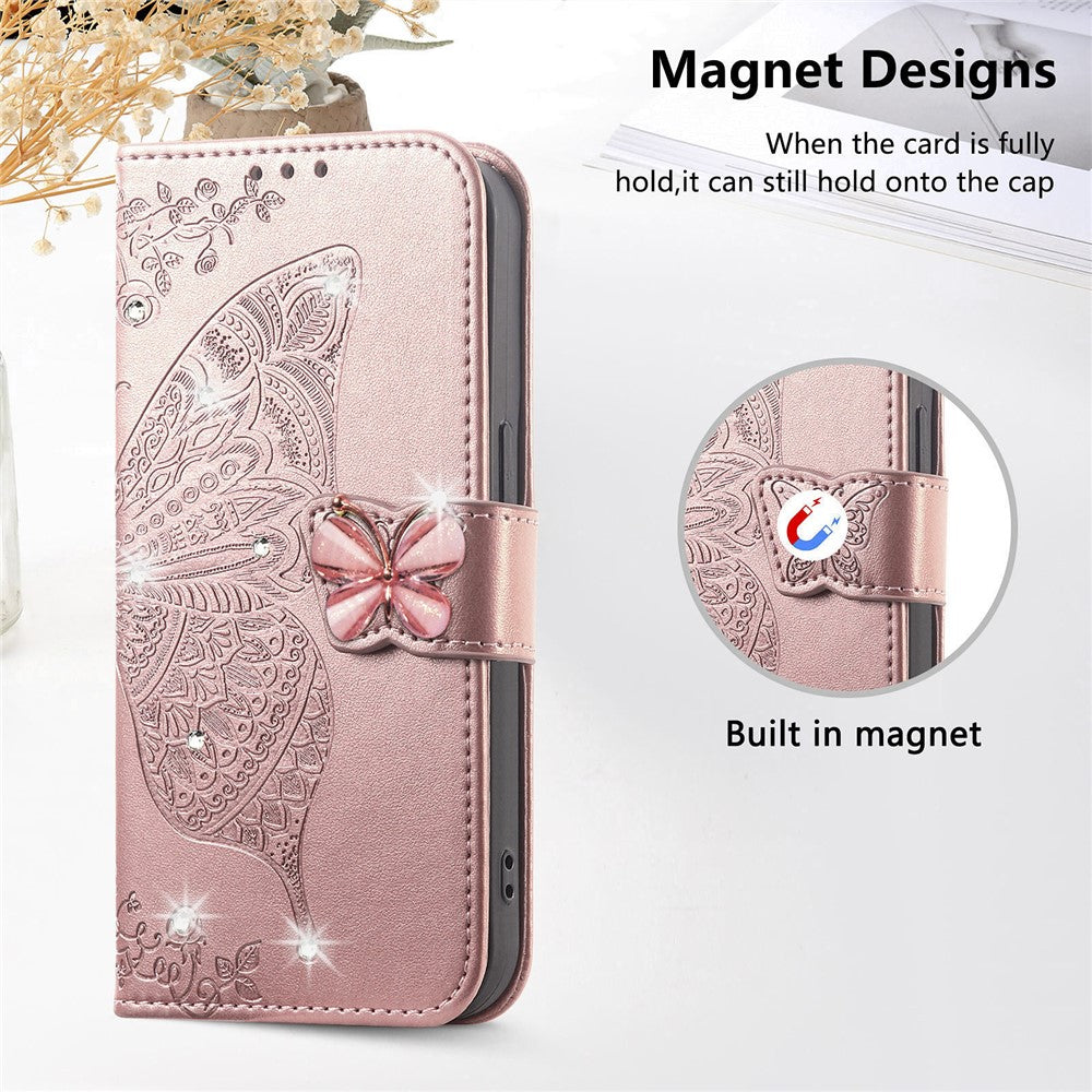 For Xiaomi 17 Pro Max Case 3D Rhinestone Decor Butterfly Flower Leather Phone Cover with Wrist Strap - Rose Gold