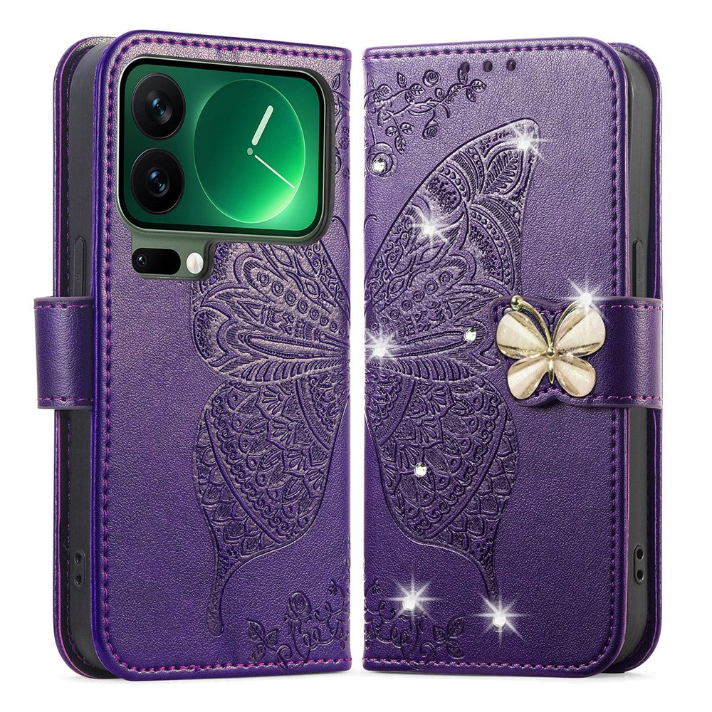 For Xiaomi 17 Pro Max Case 3D Rhinestone Decor Butterfly Flower Leather Phone Cover with Wrist Strap - Dark Purple