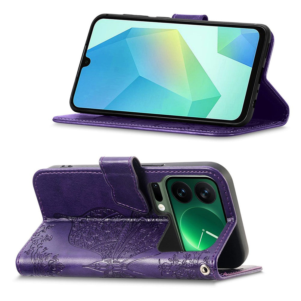 For Xiaomi 17 Pro Max Case 3D Rhinestone Decor Butterfly Flower Leather Phone Cover with Wrist Strap - Dark Purple