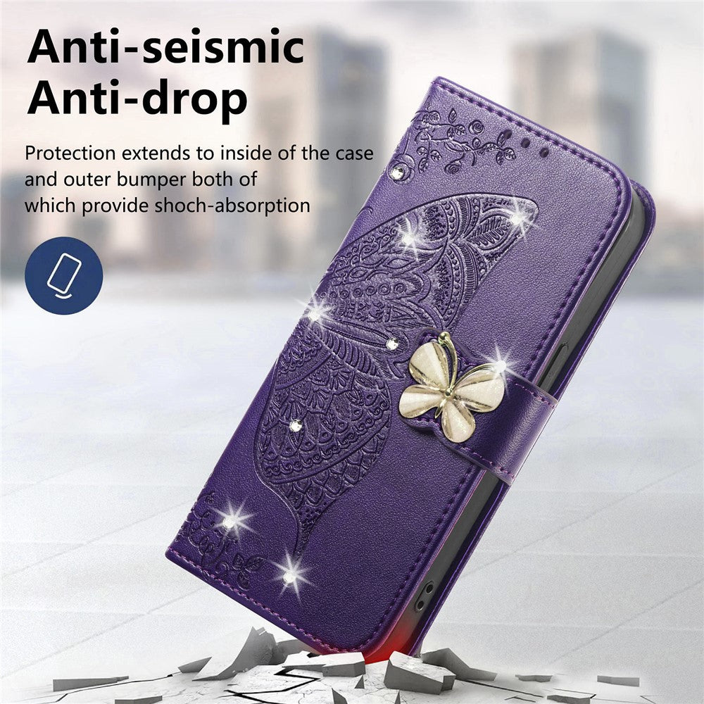 For Xiaomi 17 Pro Max Case 3D Rhinestone Decor Butterfly Flower Leather Phone Cover with Wrist Strap - Dark Purple