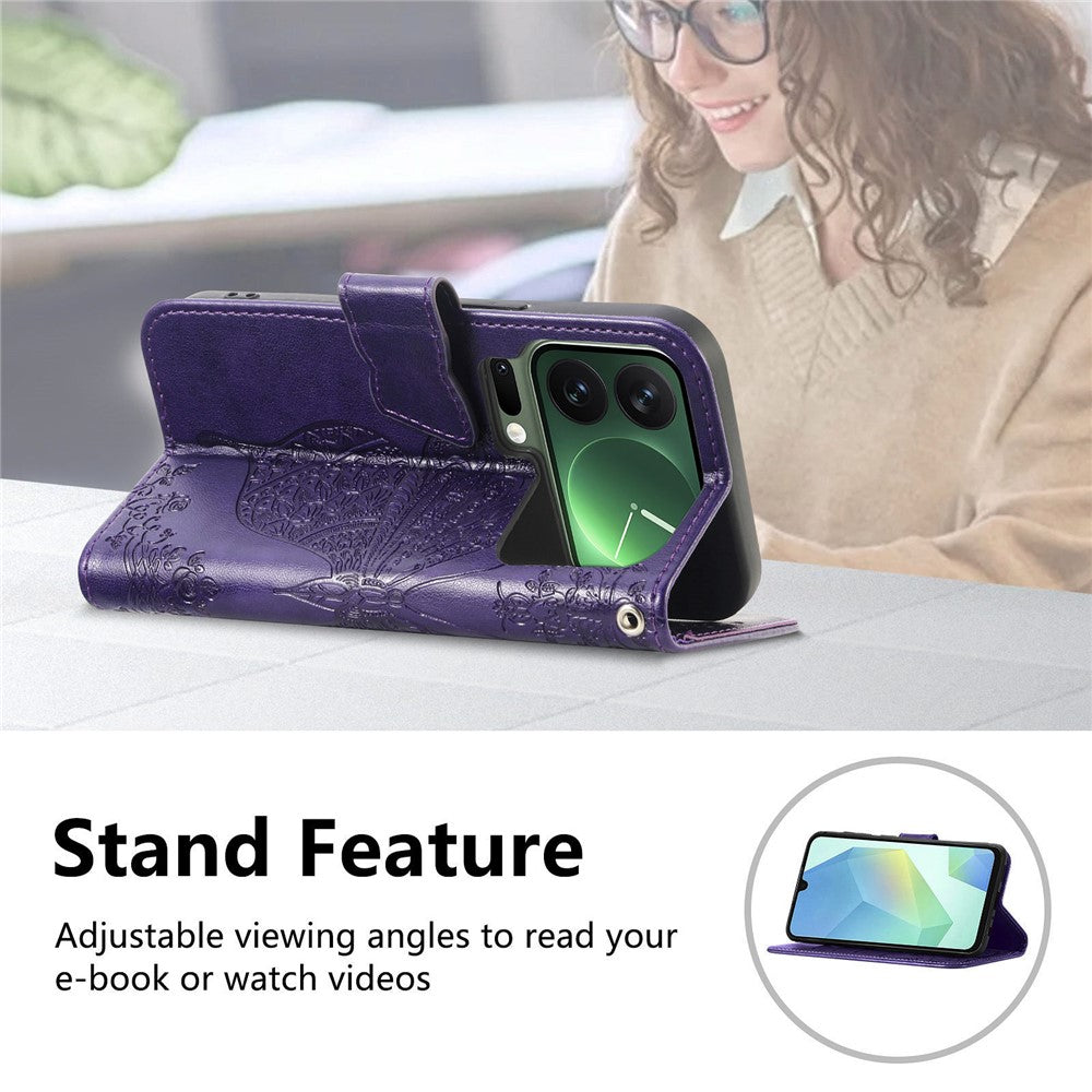 For Xiaomi 17 Pro Max Case 3D Rhinestone Decor Butterfly Flower Leather Phone Cover with Wrist Strap - Dark Purple