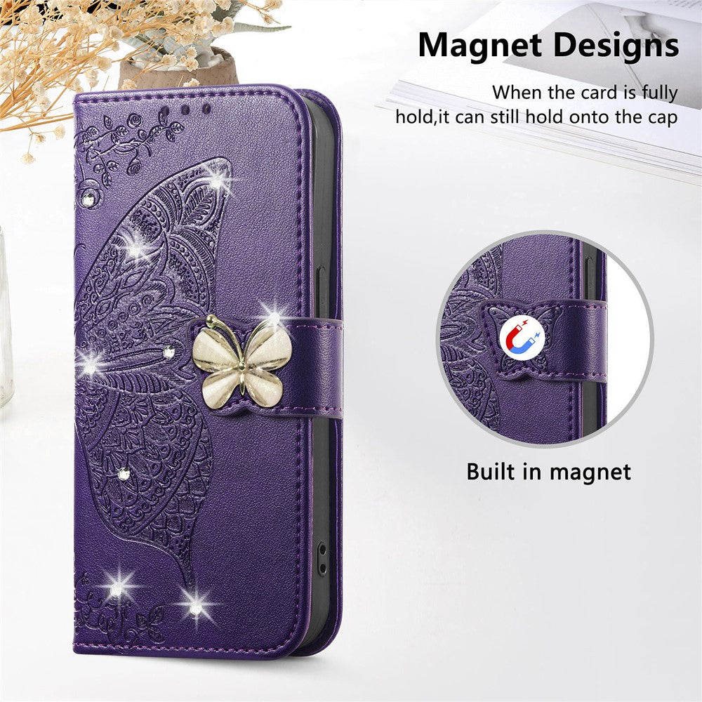 For Xiaomi 17 Pro Max Case 3D Rhinestone Decor Butterfly Flower Leather Phone Cover with Wrist Strap - Dark Purple