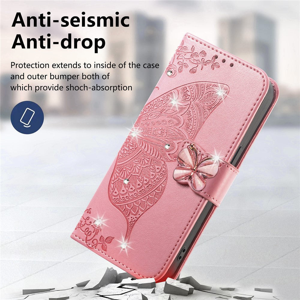 For Xiaomi 17 Pro Max Case 3D Rhinestone Decor Butterfly Flower Leather Phone Cover with Wrist Strap - Pink