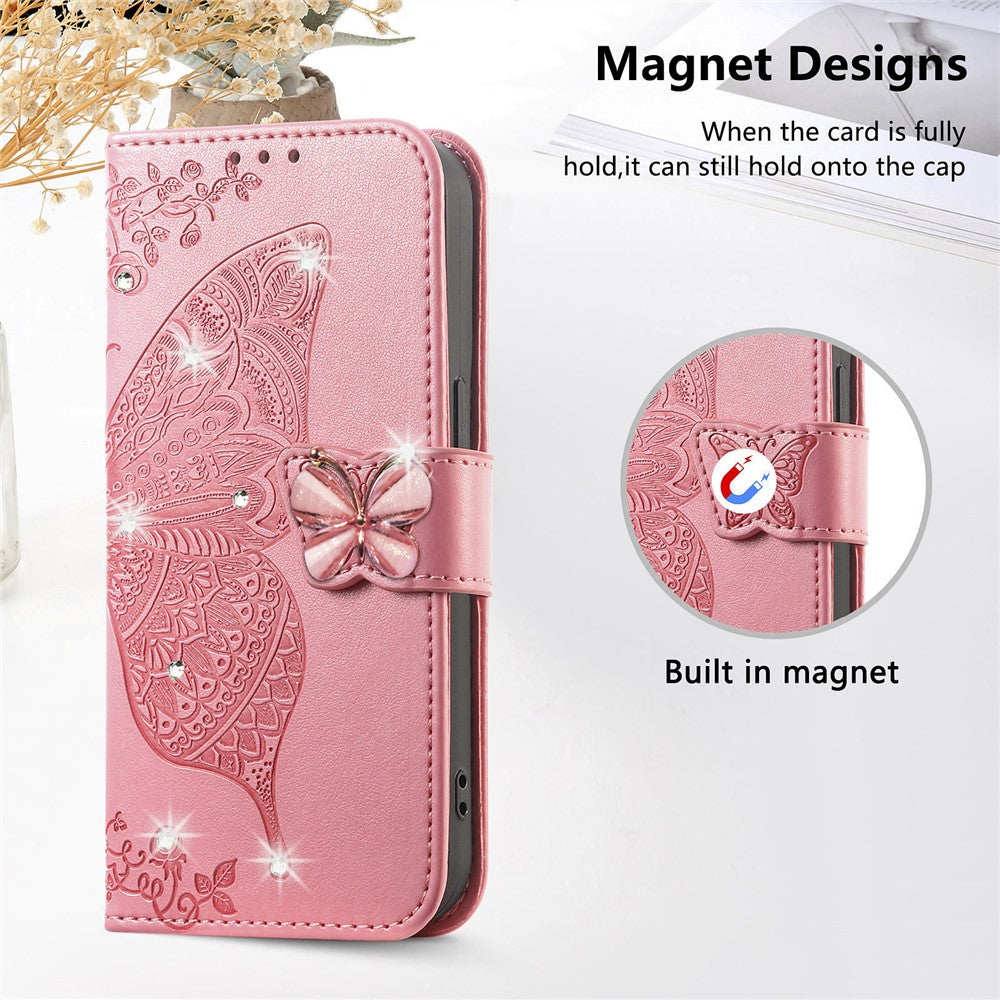 For Xiaomi 17 Pro Max Case 3D Rhinestone Decor Butterfly Flower Leather Phone Cover with Wrist Strap - Pink