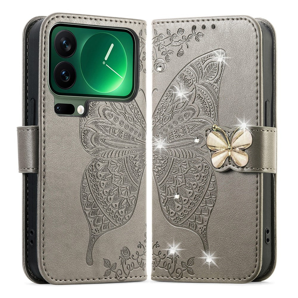 For Xiaomi 17 Pro Max Case 3D Rhinestone Decor Butterfly Flower Leather Phone Cover with Wrist Strap - Grey