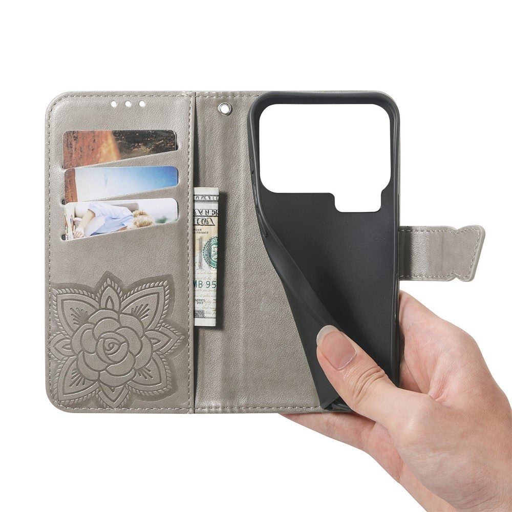 For Xiaomi 17 Pro Max Case 3D Rhinestone Decor Butterfly Flower Leather Phone Cover with Wrist Strap - Grey