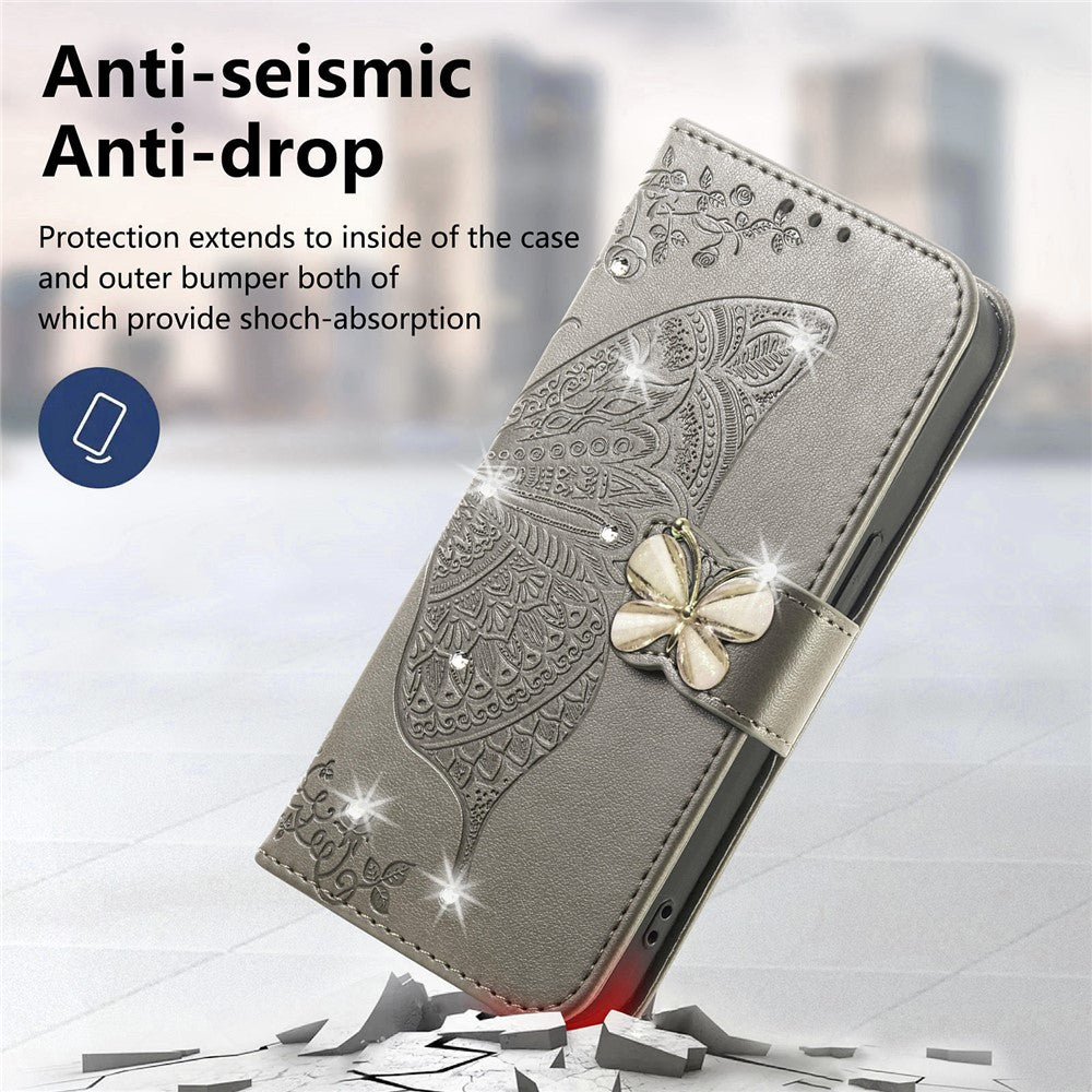 For Xiaomi 17 Pro Max Case 3D Rhinestone Decor Butterfly Flower Leather Phone Cover with Wrist Strap - Grey