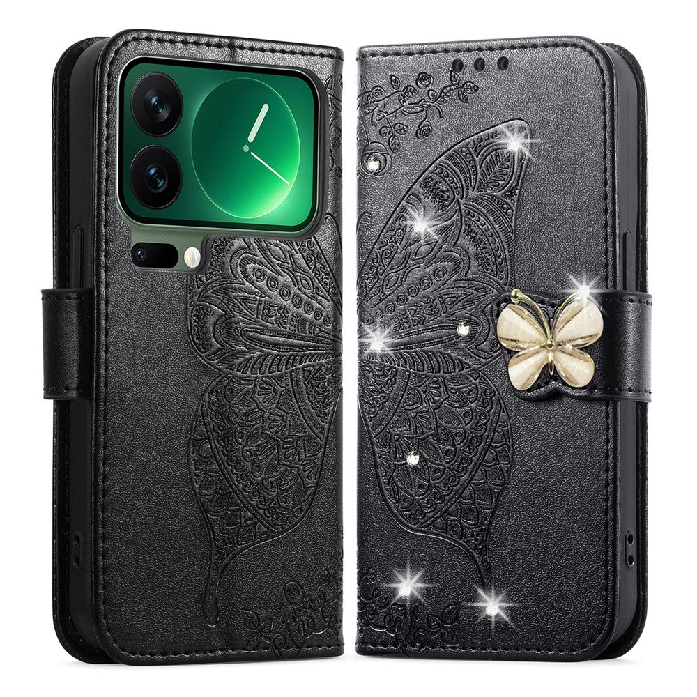 For Xiaomi 17 Pro Max Case 3D Rhinestone Decor Butterfly Flower Leather Phone Cover with Wrist Strap - Black